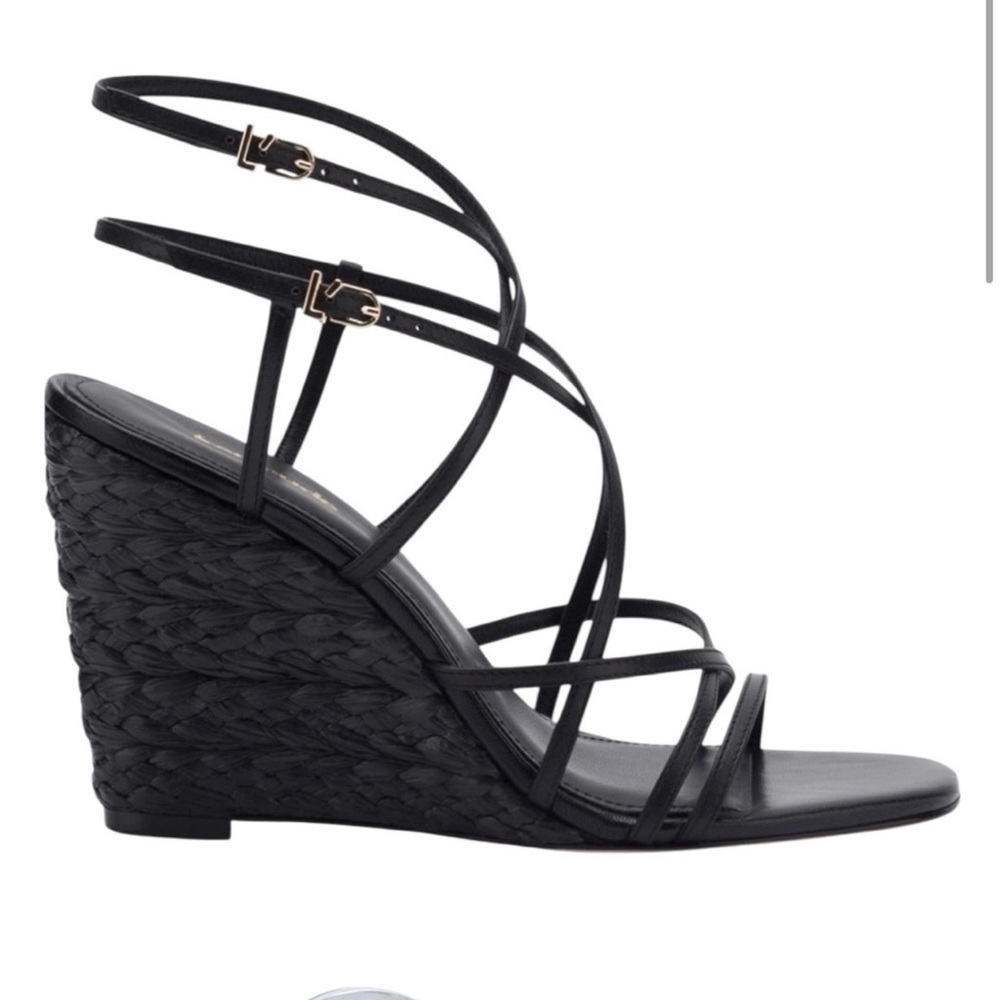 Larroude Naomi Strappy Black Leather Raffia Wedge Sandals Size 11